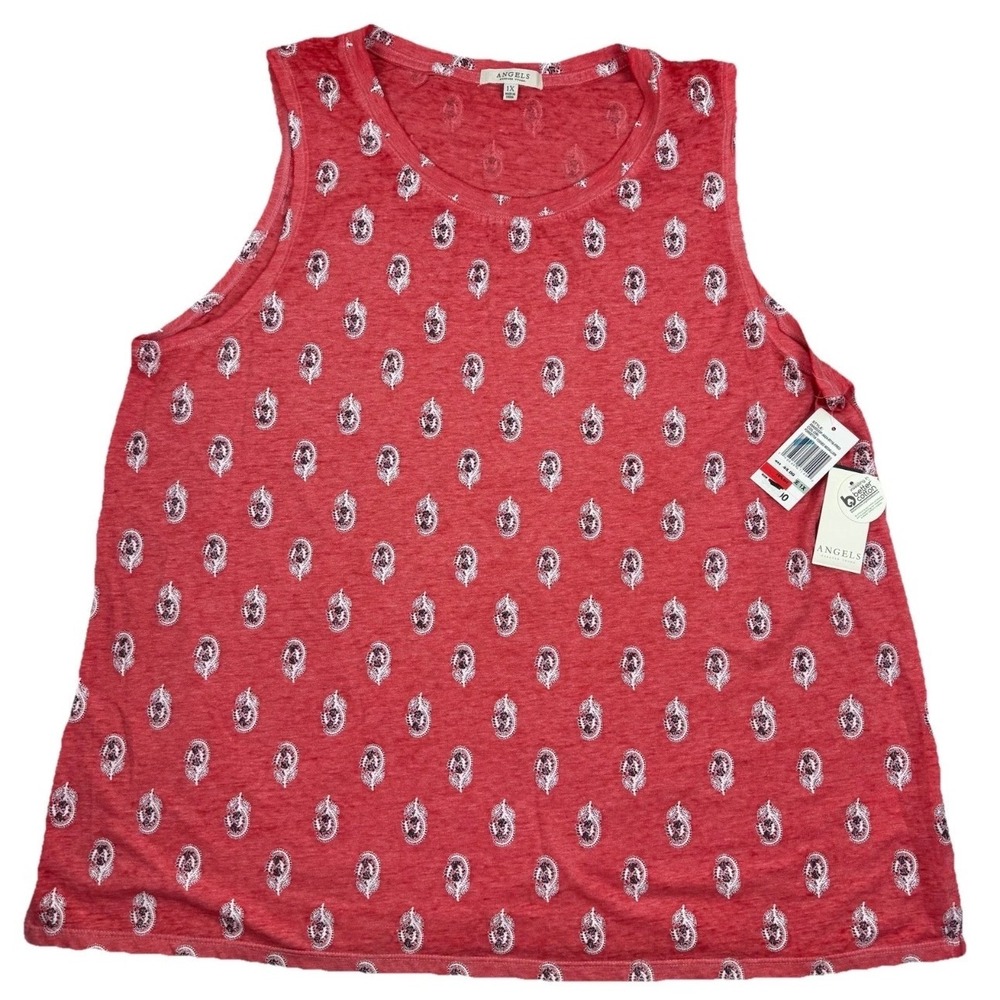 Angels Tank Top Womens 1X Red Medallion Print Sleeveless Crew Neck NEW